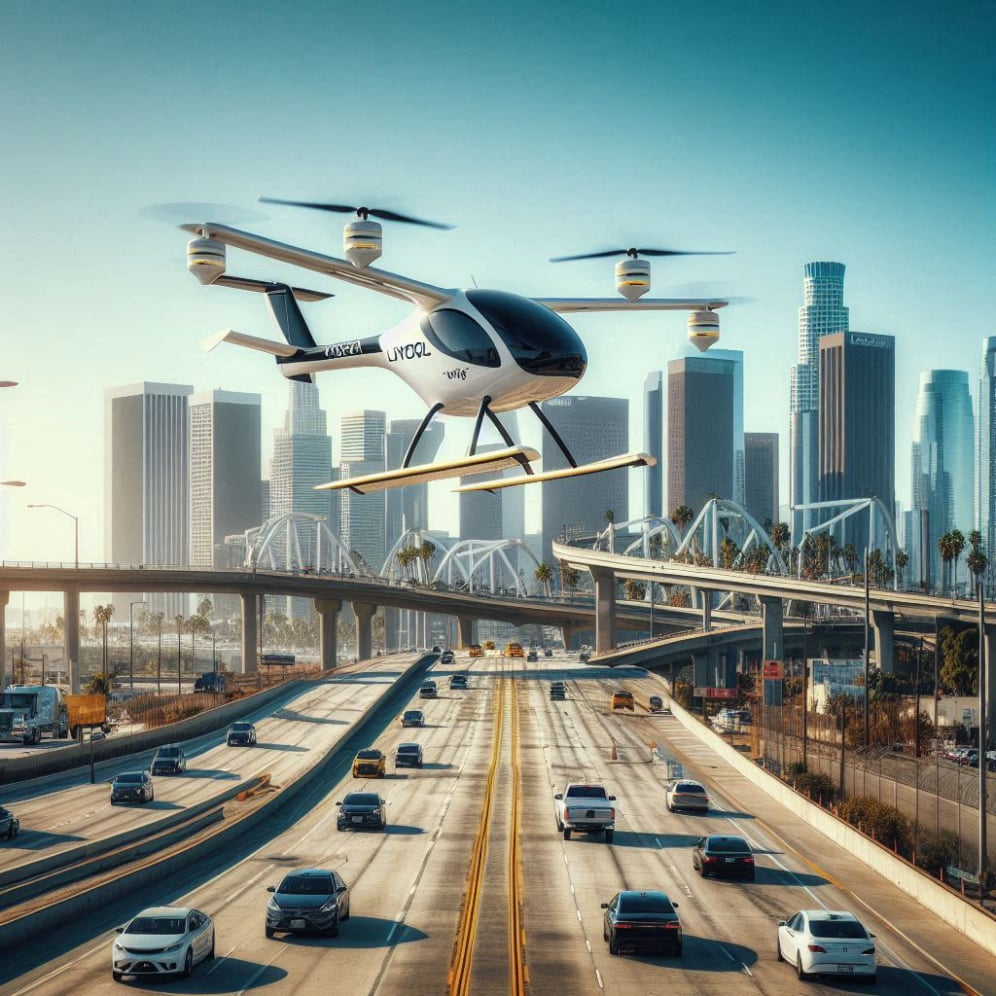 Urban Air Mobility aircraft hovering over heavy traffic