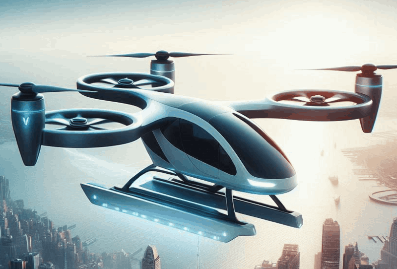 A futuristic flying taxi hovering above a cityscape