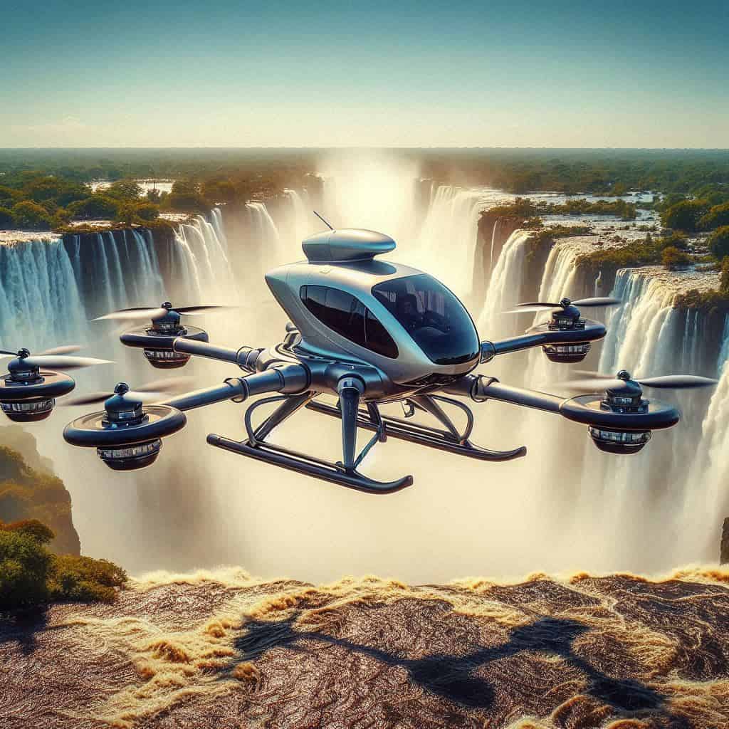 Powered Lift Aircraft hovering over a spectacular views of a waterfall